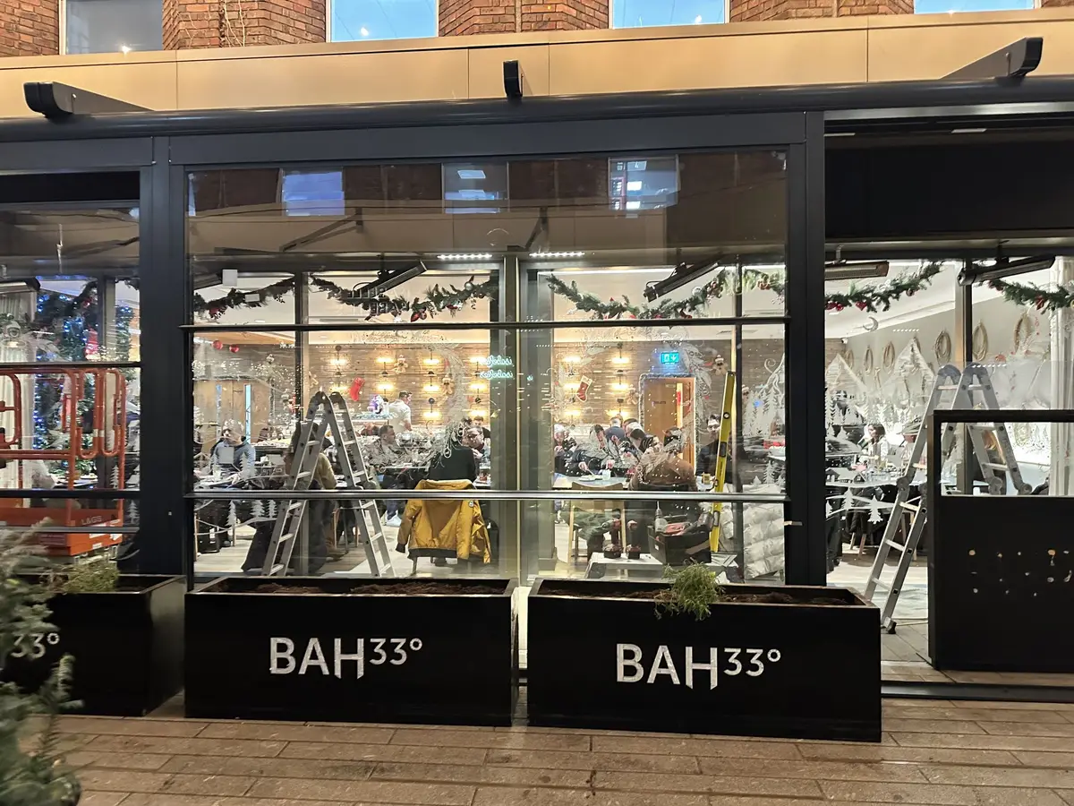 Terrace enclosure at night, BAH33 planters