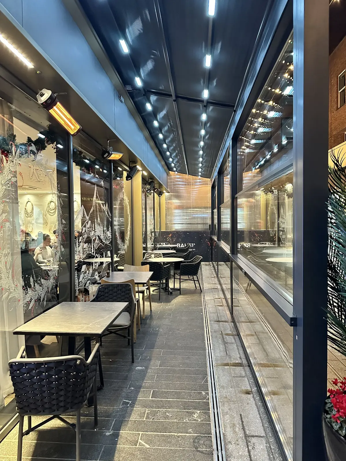 Terrace interior with seating and heaters