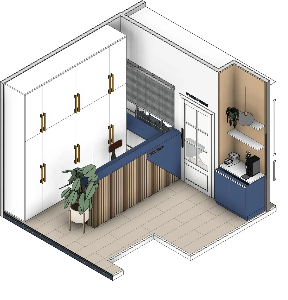 3D isometric of reception, slatted desk and full-height storage