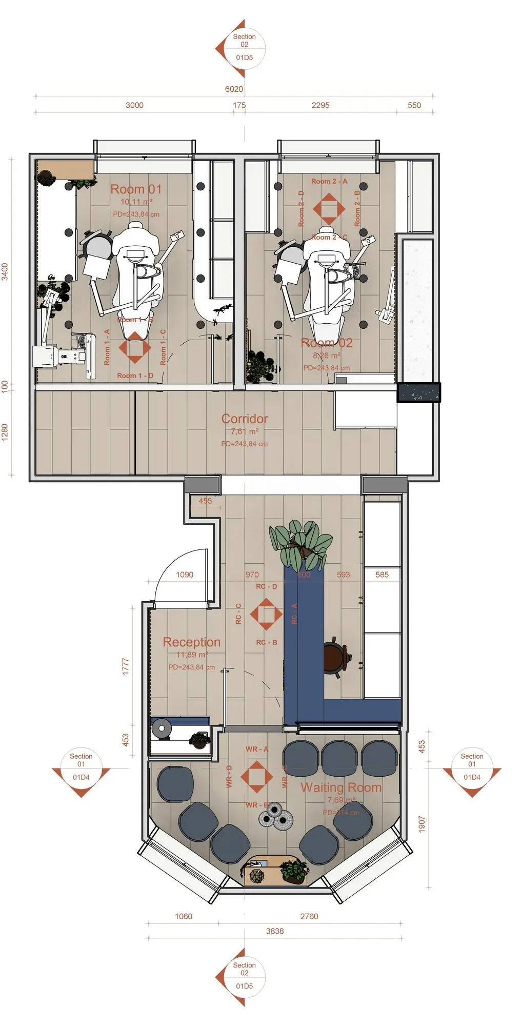 Clinic floor plan with furniture layout