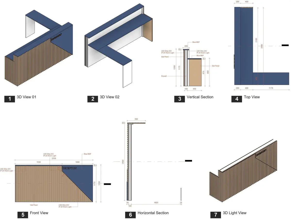 Reception desk joinery details, views and sections