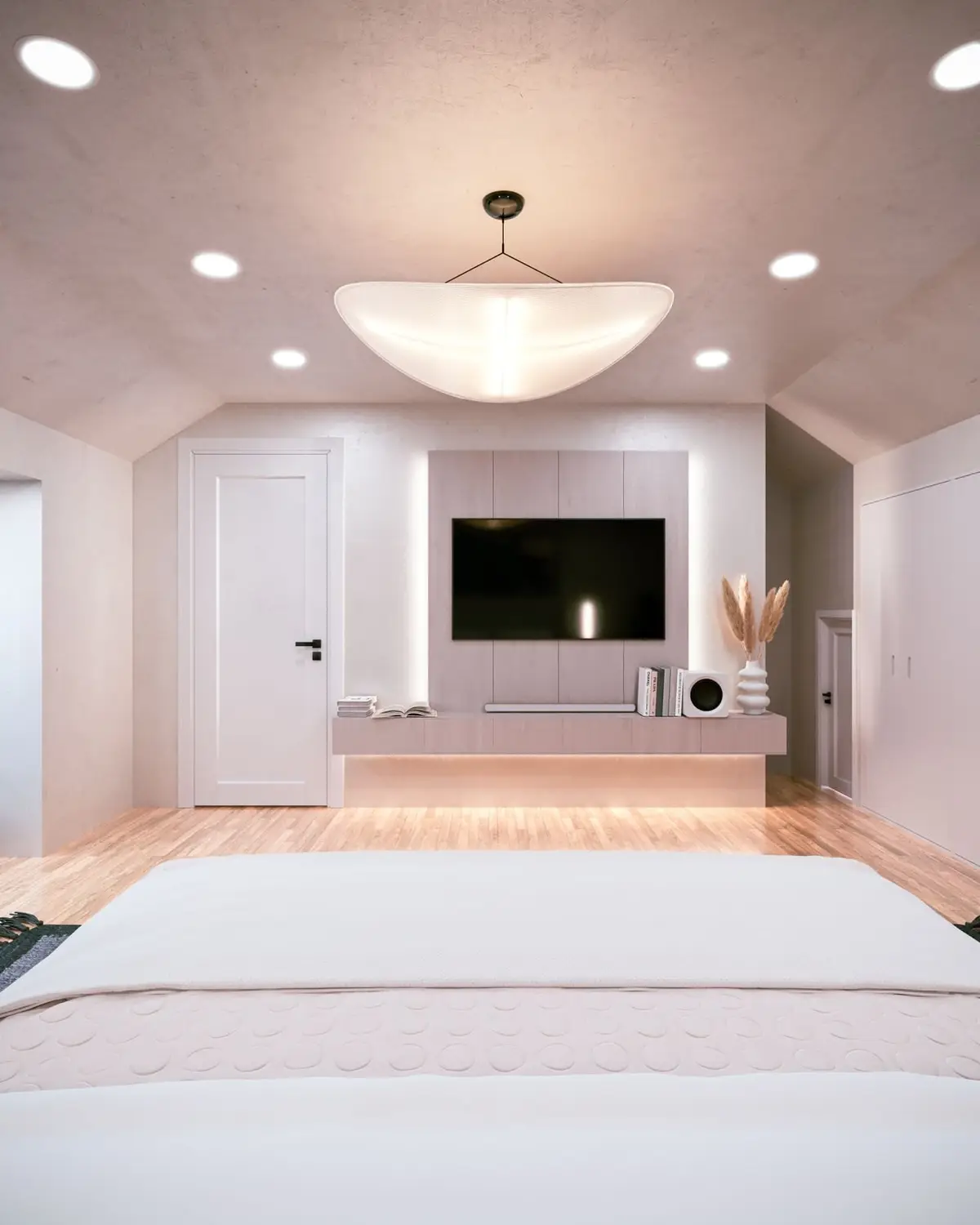 Attic design: bedroom with media wall and feature pendant