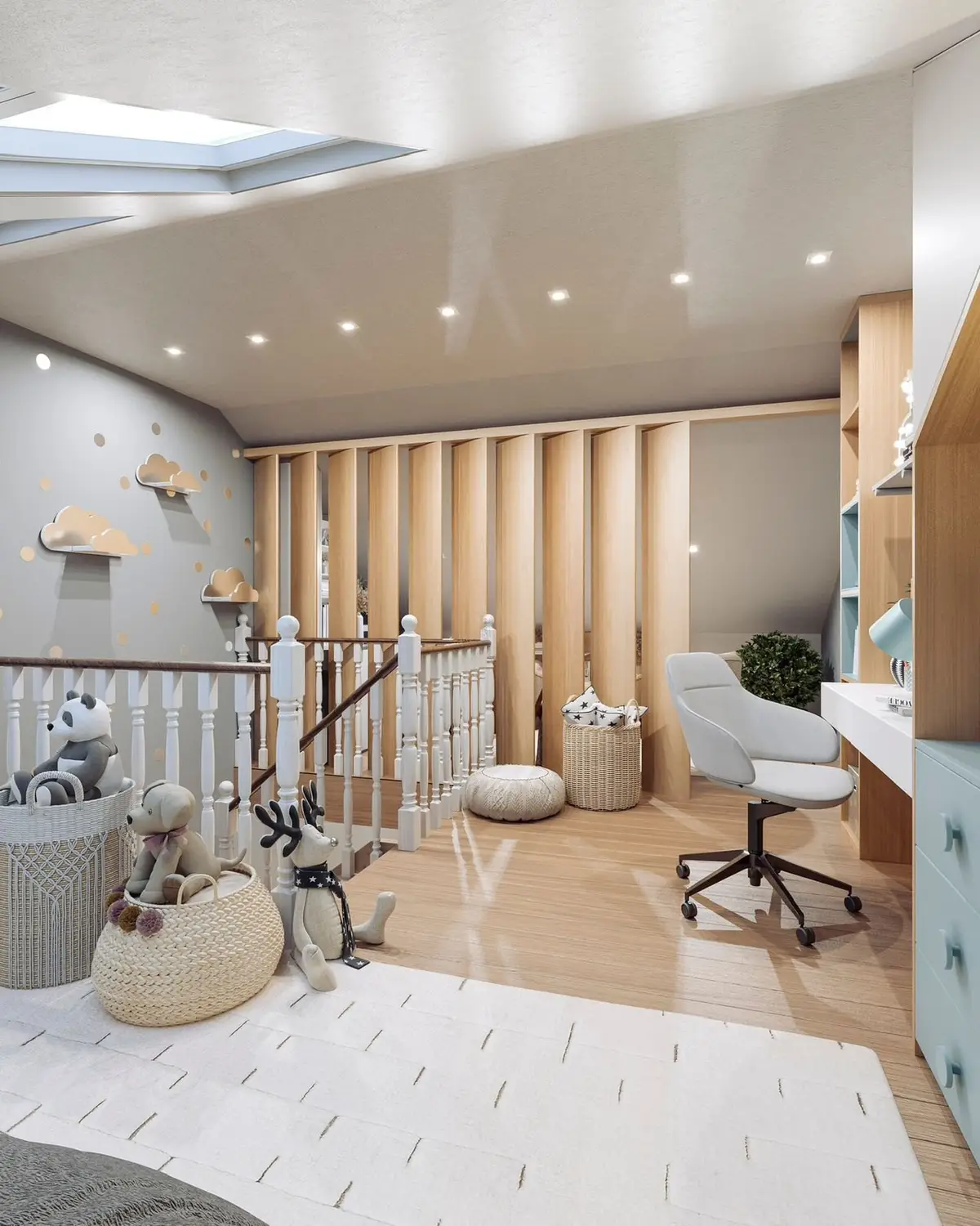 Attic design: landing and slatted screen