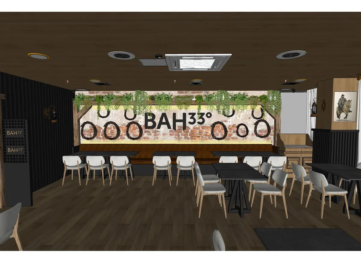 MF 3D design: brick feature wall and banquette seating