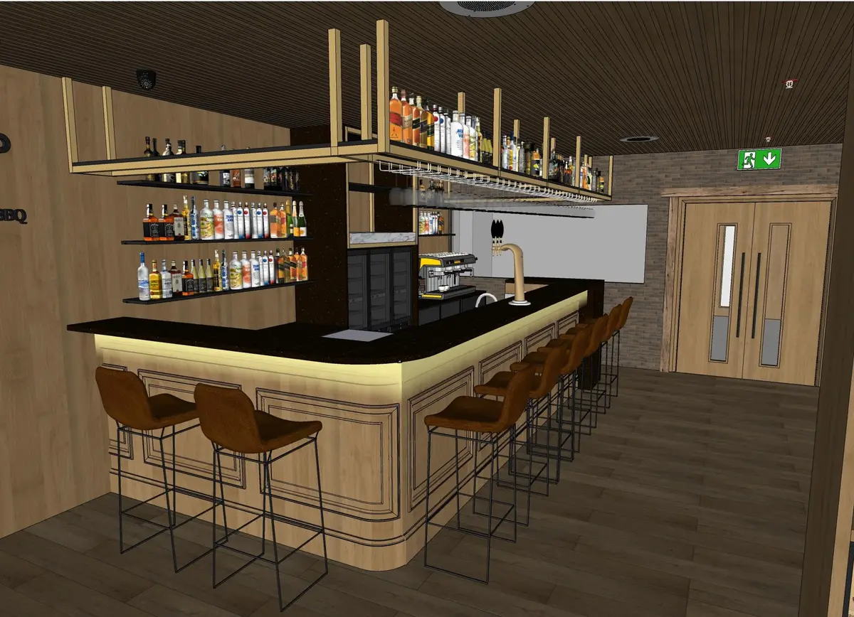 Restaurant design, BAH33: curved bar and back bar