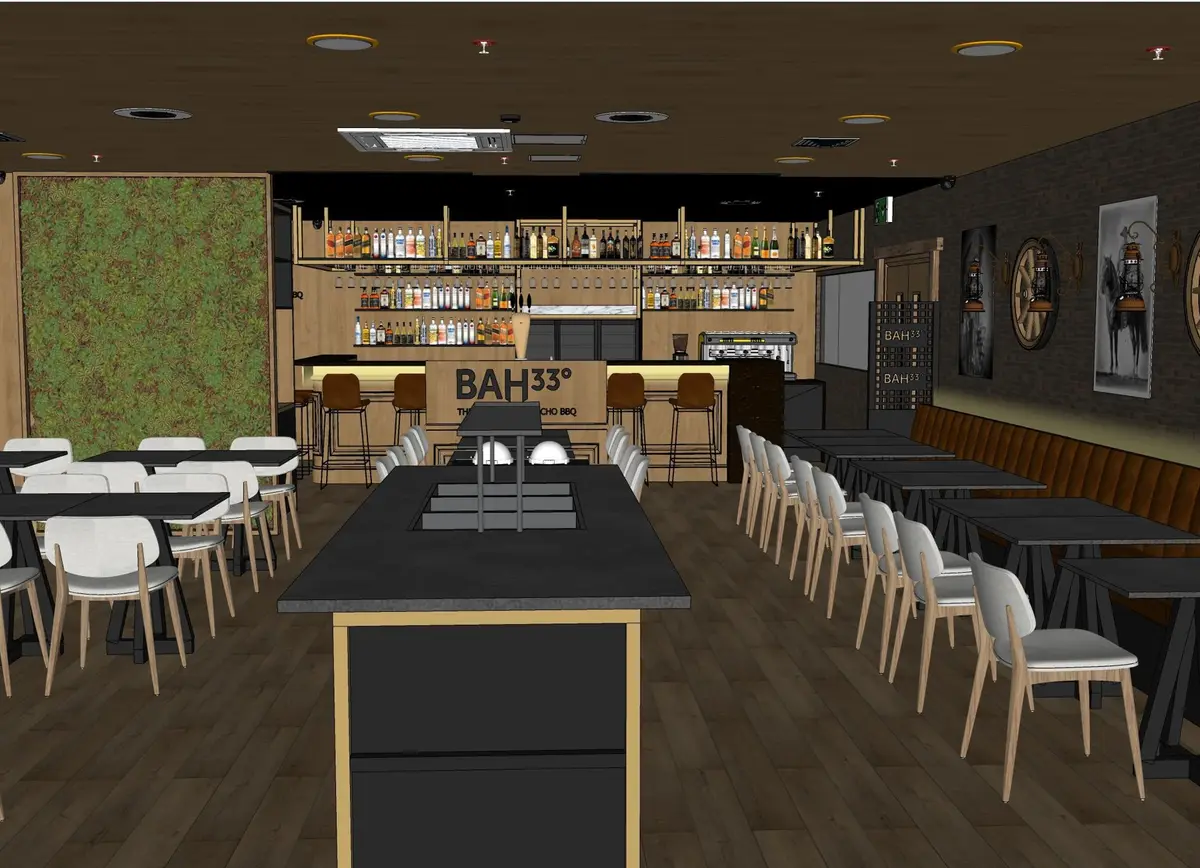 Restaurant design, BAH33: dining room, buffet station and bar