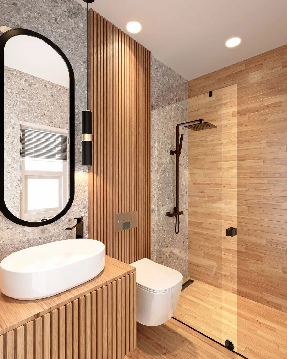 Bathroom design: slatted oak, terrazzo tiles and a vessel basin
