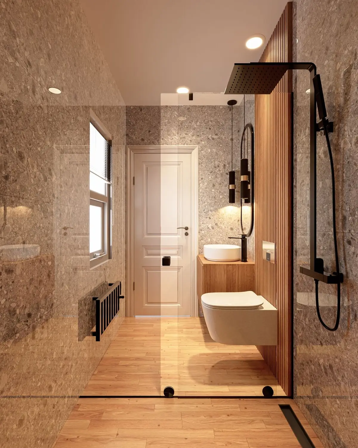 Bathroom design: walk-in shower and slatted oak wall