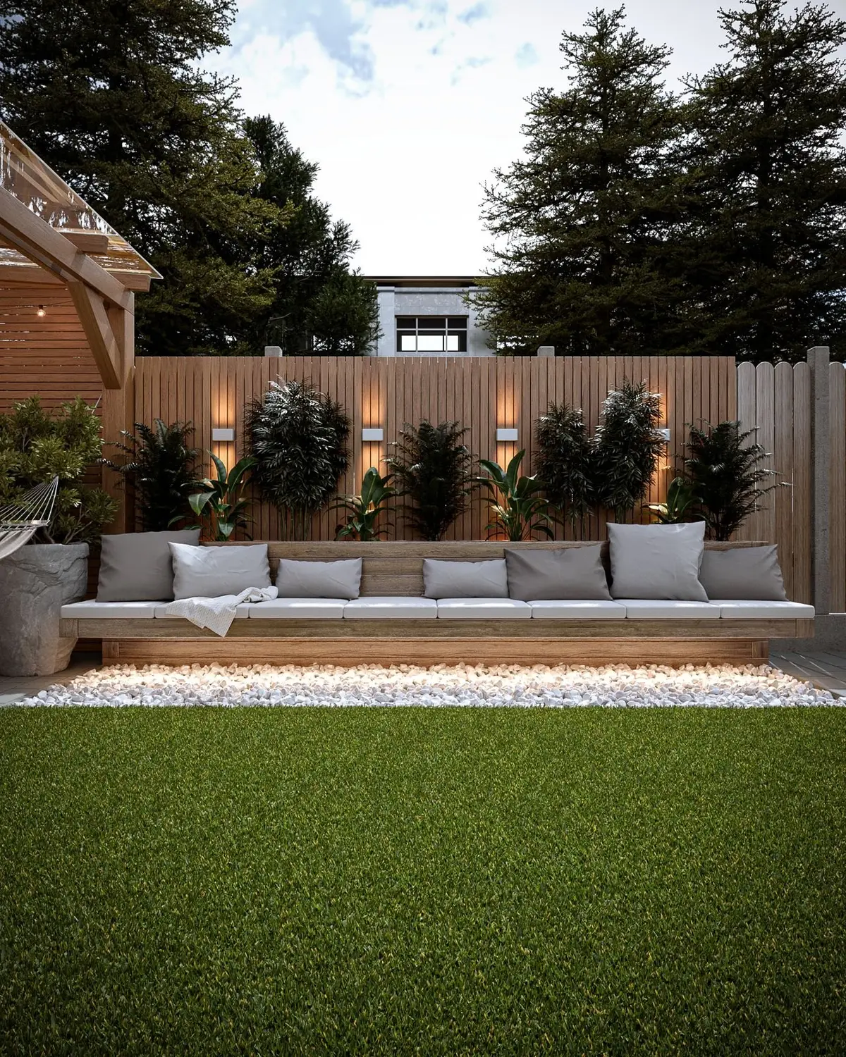 Garden design: built-in bench with lit planters