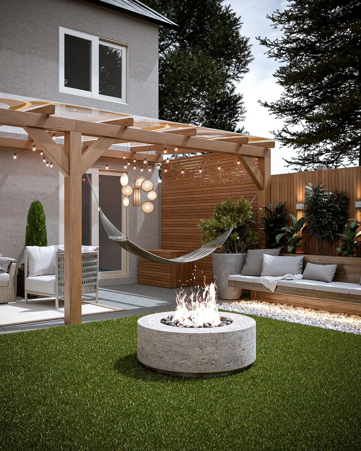 Garden design: fire pit, hammock and built-in bench
