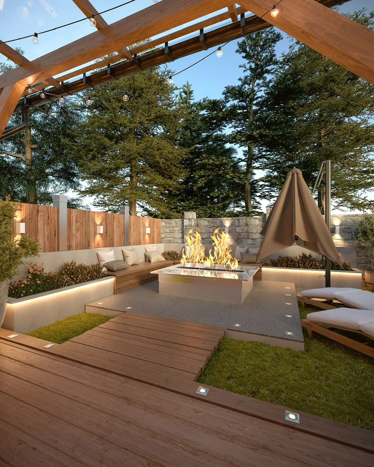 Garden design: fire table seen from the deck