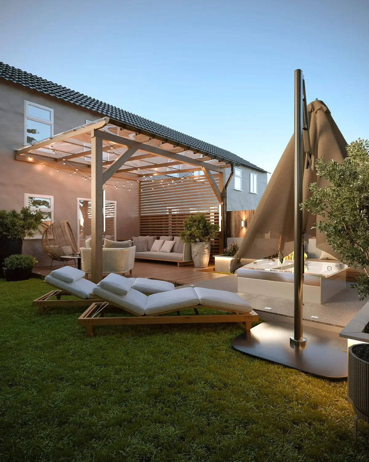 Garden design: loungers, pergola and fire table