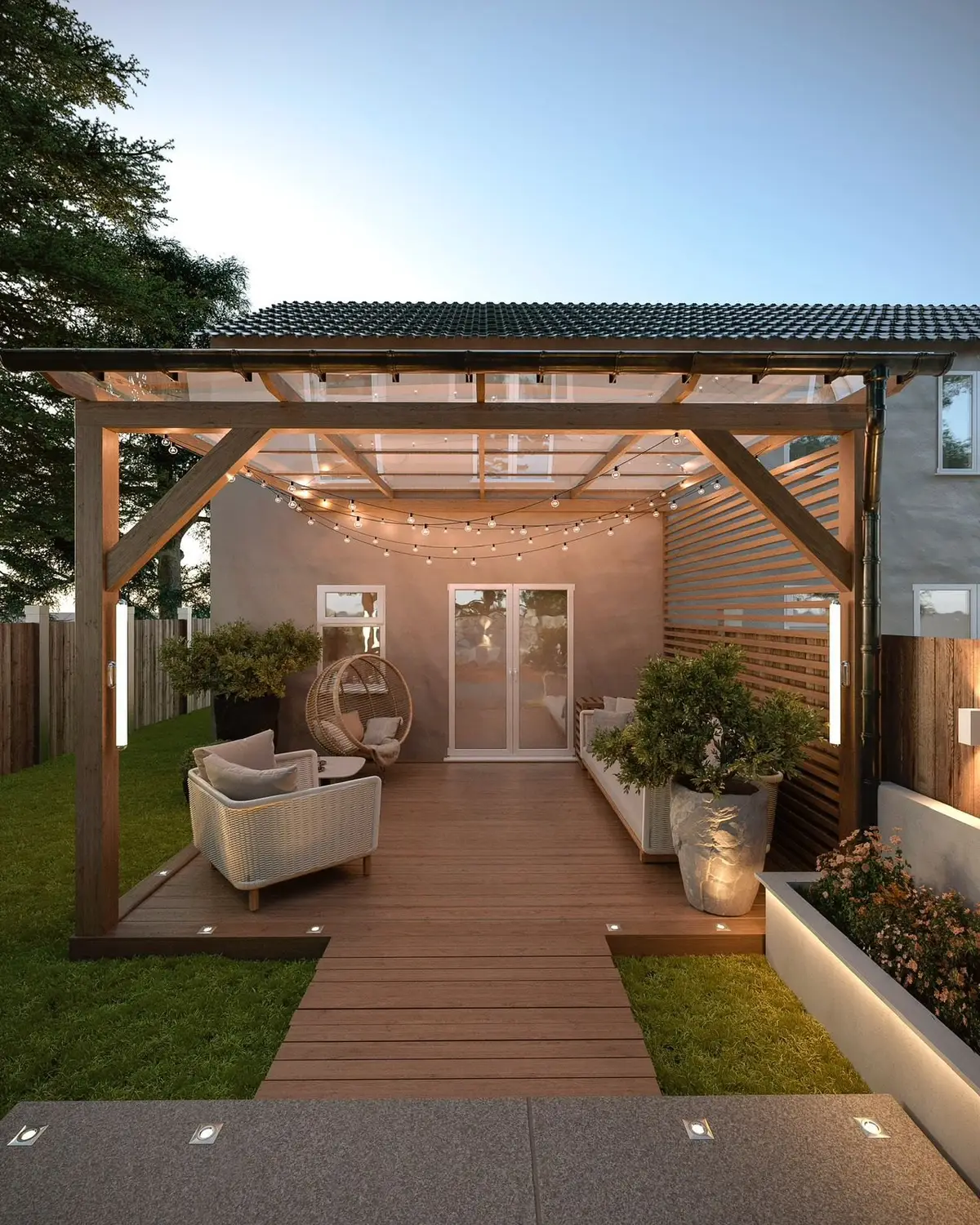 Garden design: pergola, deck and lighting