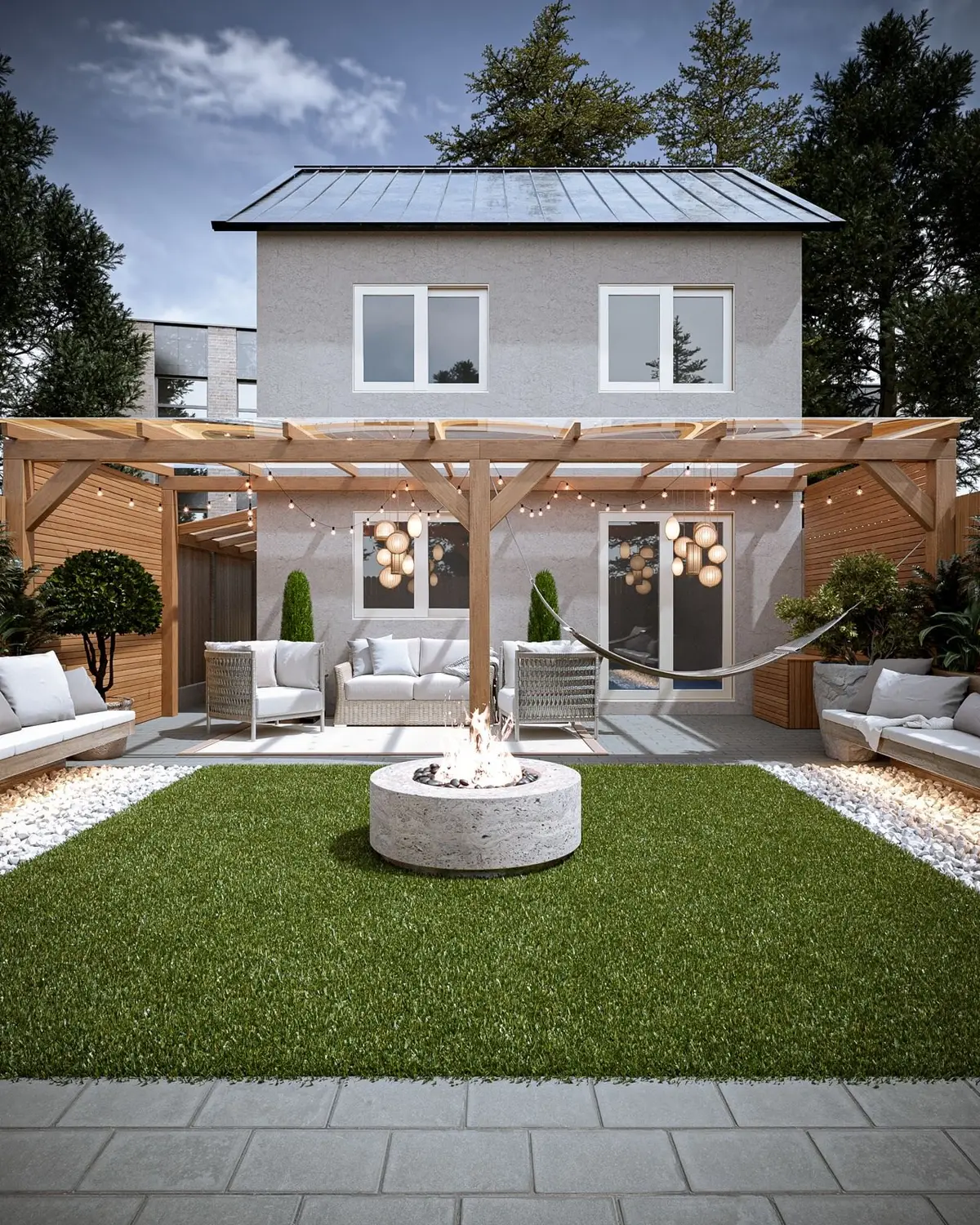 Garden design: pergola, lawn and fire pit