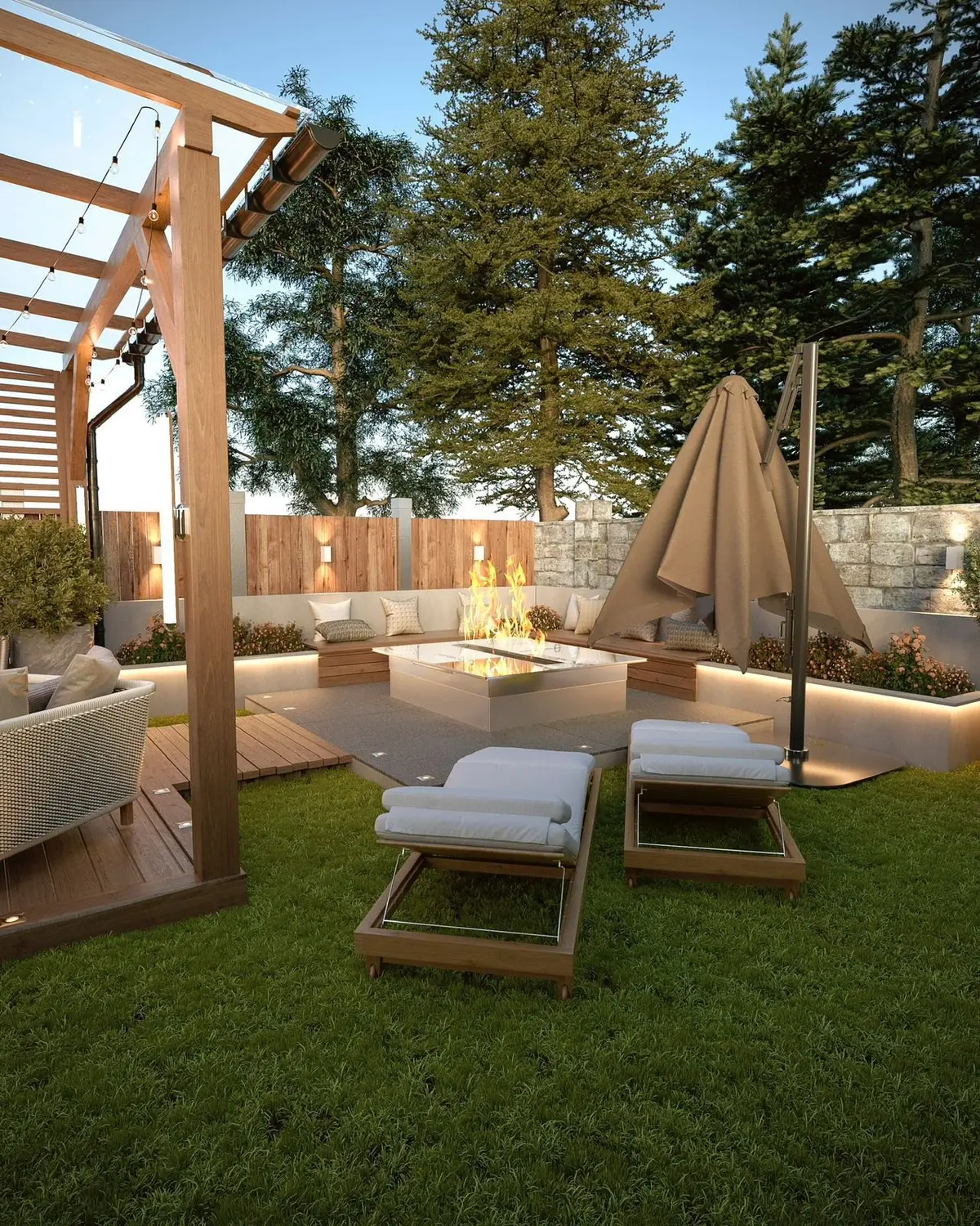 Garden design: sunken seating around a fire table