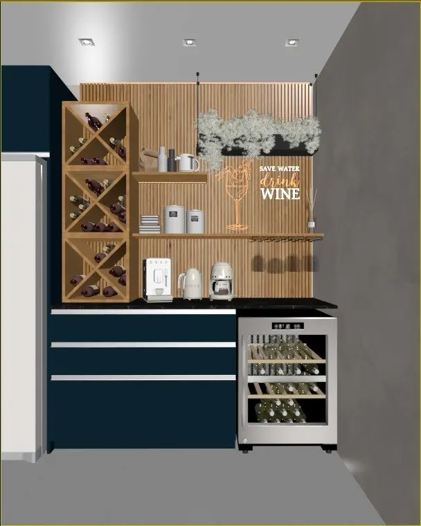 Kitchen design: coffee and wine bar with slatted panel
