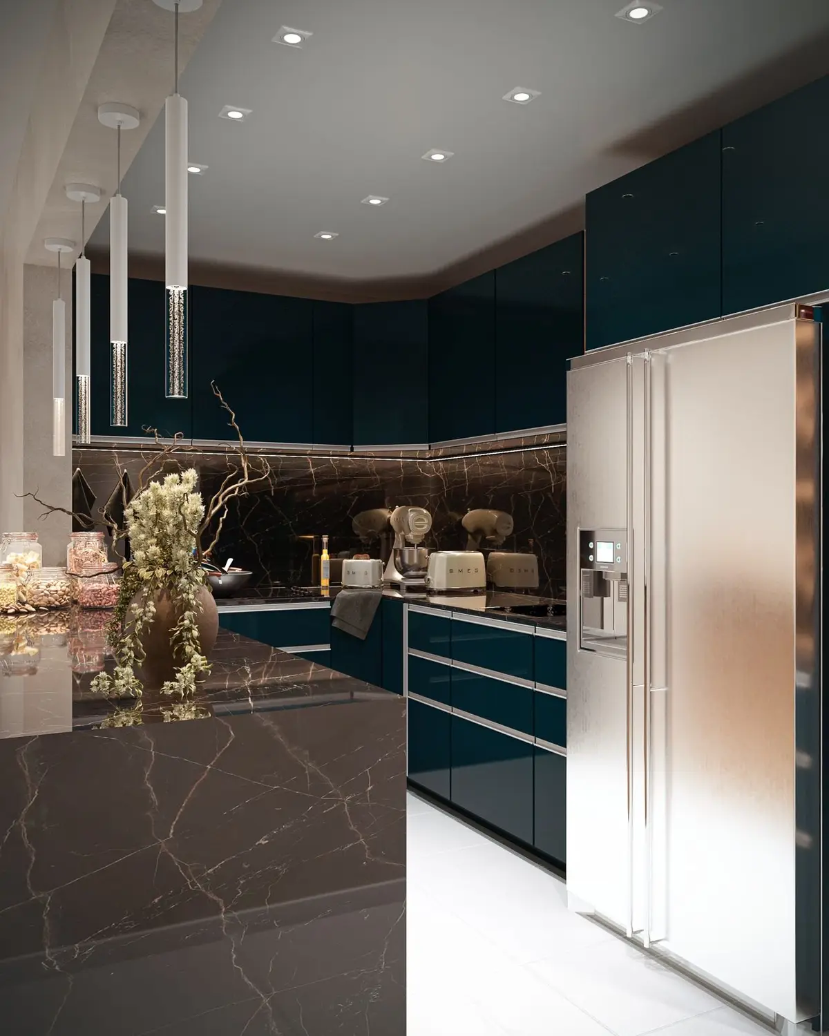 Kitchen design: navy units and dark marble