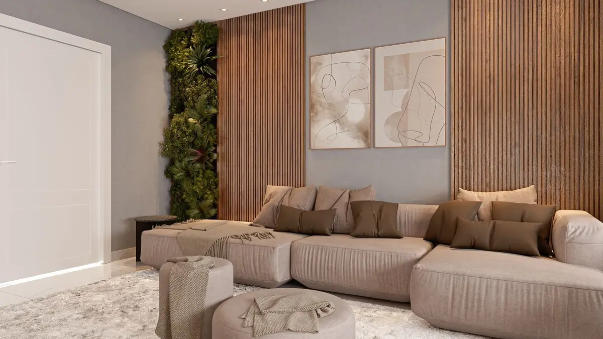 Living room design: green wall and slats