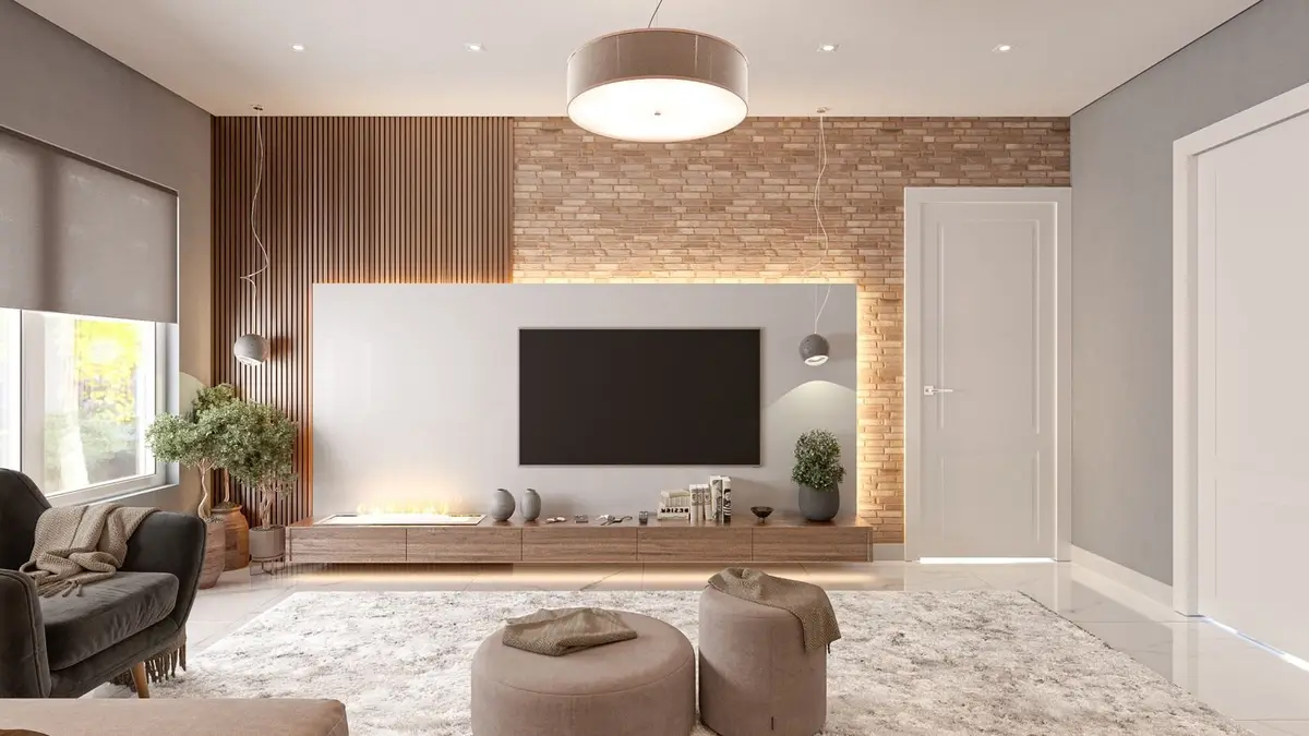 Living room design: media wall and brick