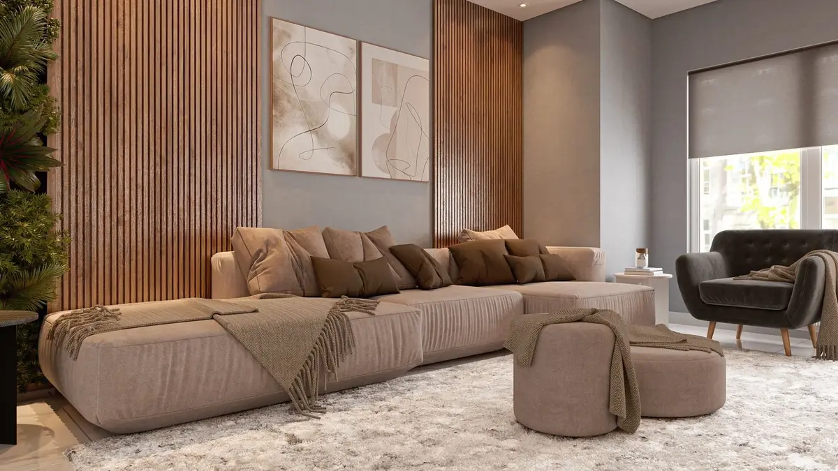 Living room design: slatted wall panels