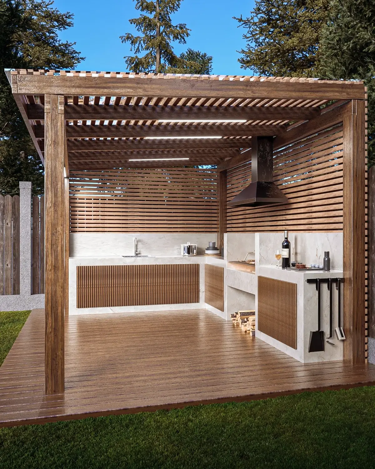 Garden design: outdoor kitchen under a slatted pergola