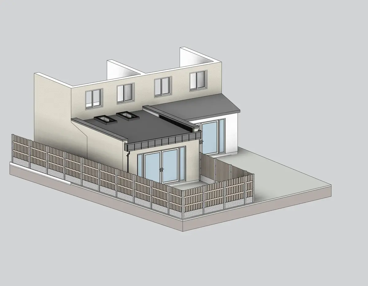 Our 3D model of the extension, with rooflights and zinc fascia