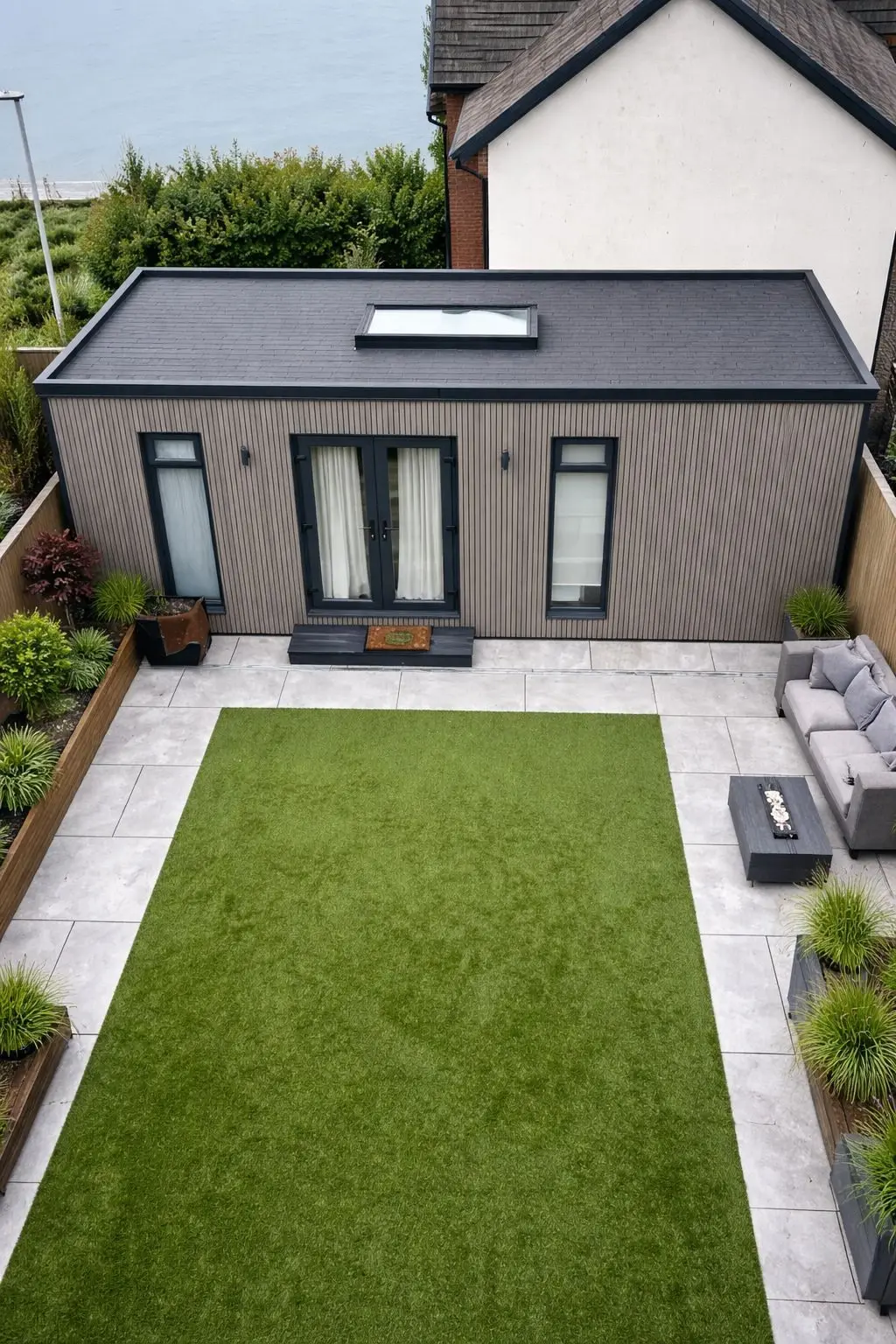 Clad garden dwelling from above, with patio and lawn