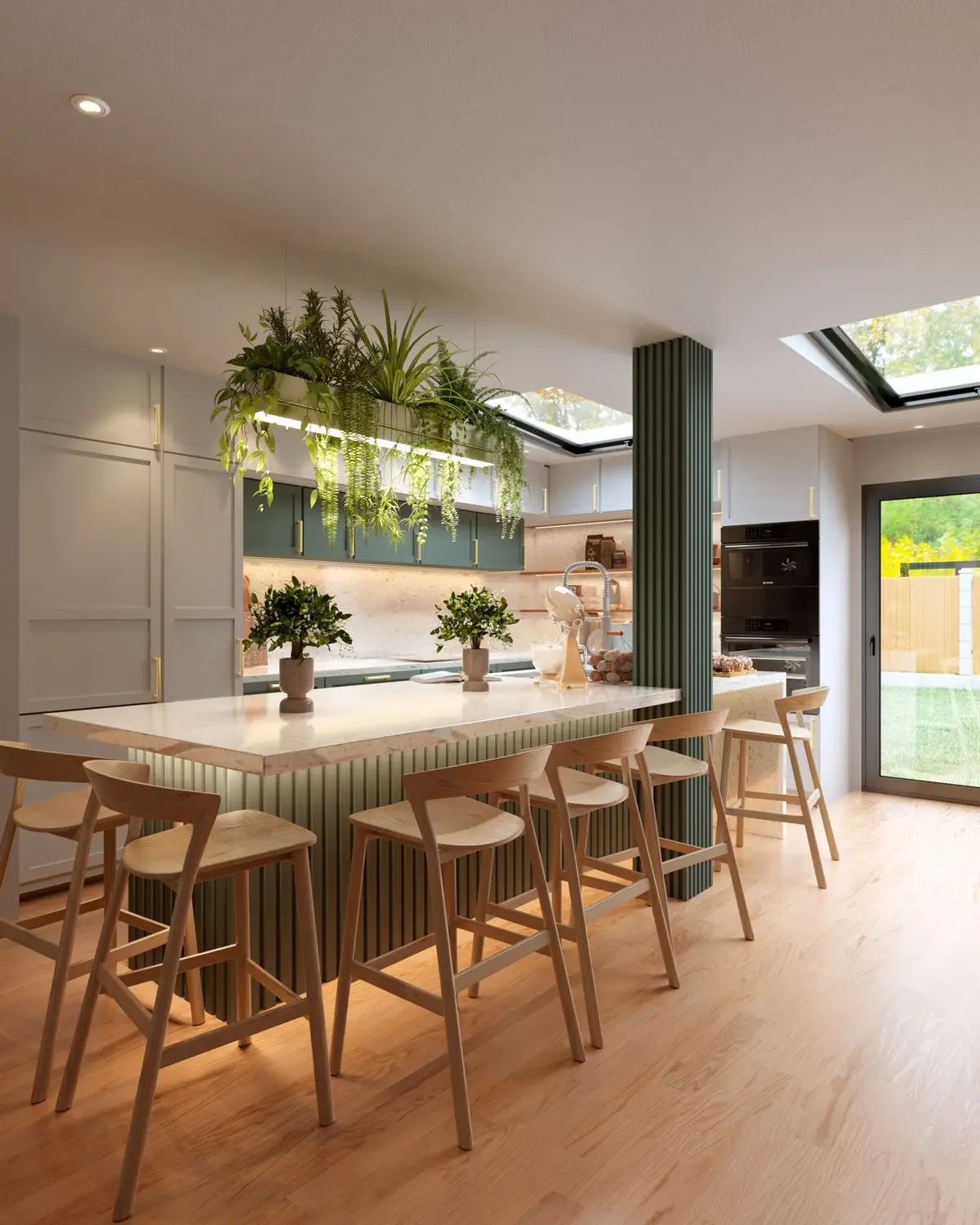 Design render: island seating and planted rooflight