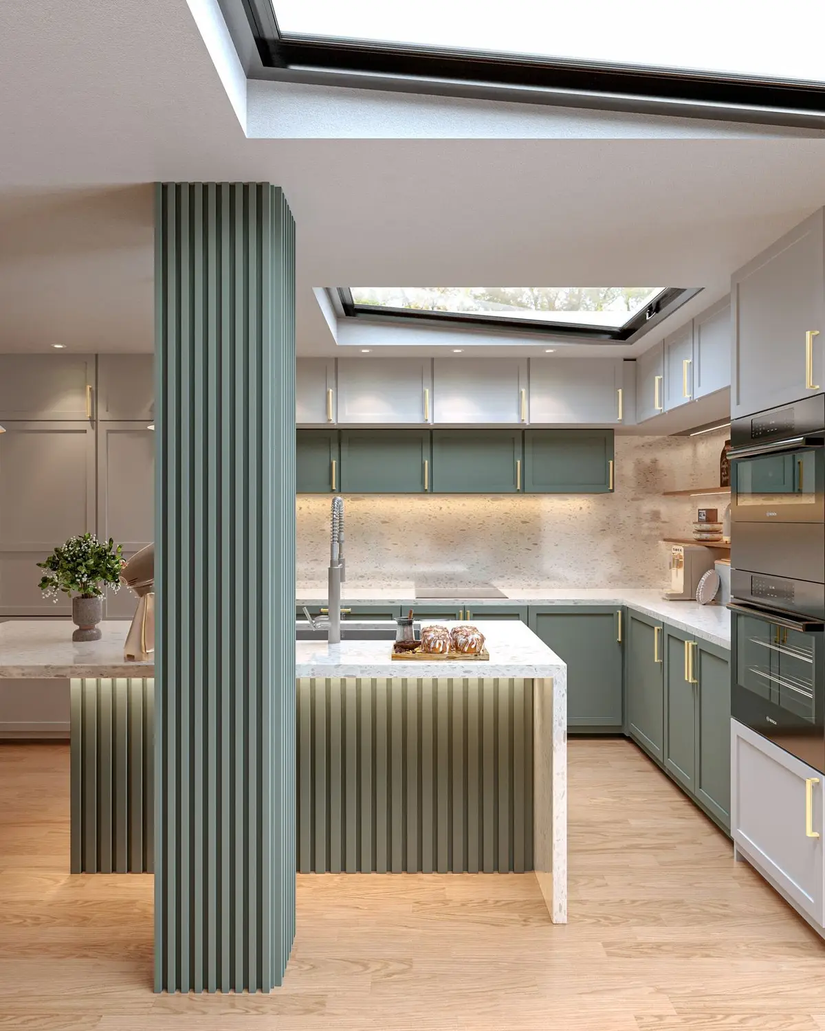 Design render: kitchen island, fluted column, rooflights