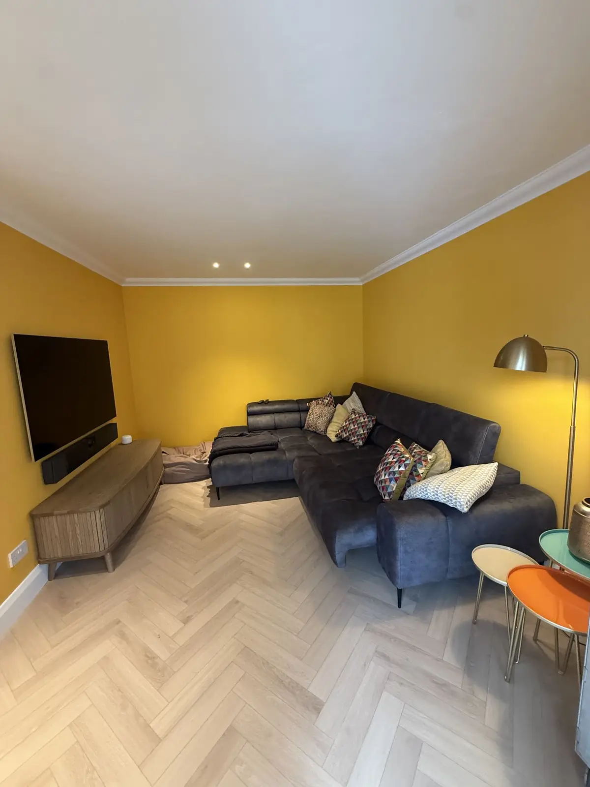 Finished living room, herringbone floor
