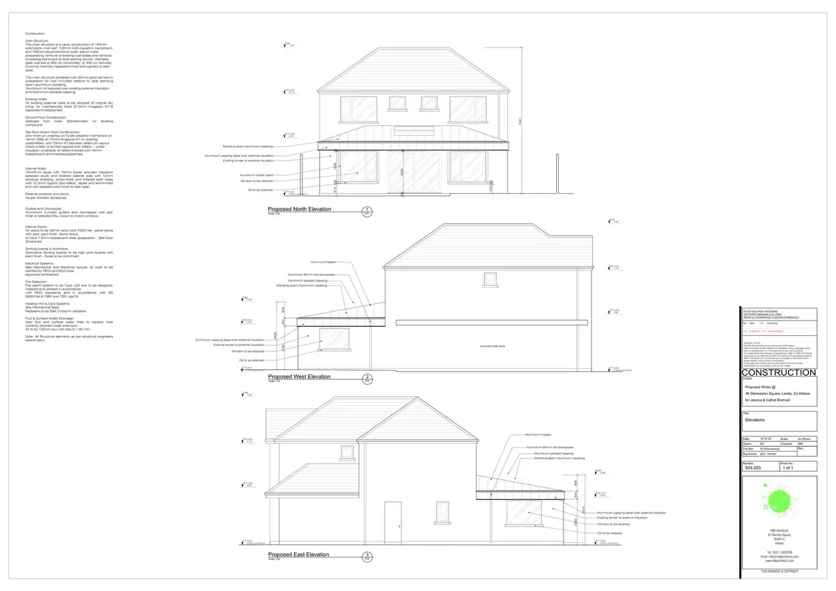 Proposed elevations, rear extension with standing seam lean-to roof