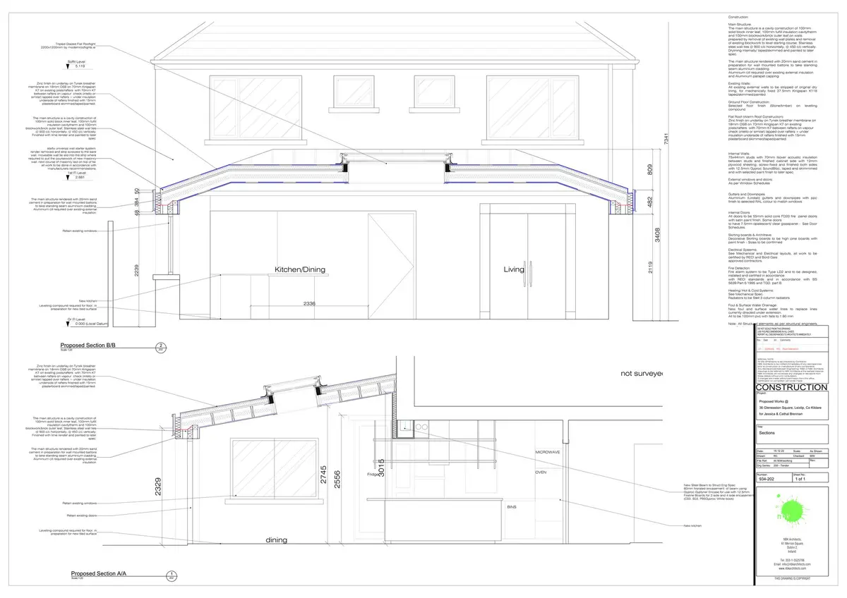Sections through the extension and rooflights