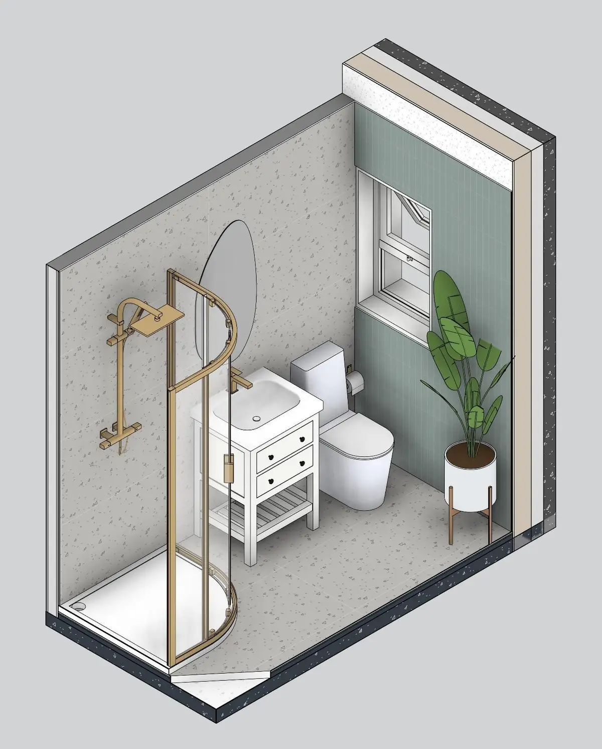 MF isometric of the en suite with brass fittings
