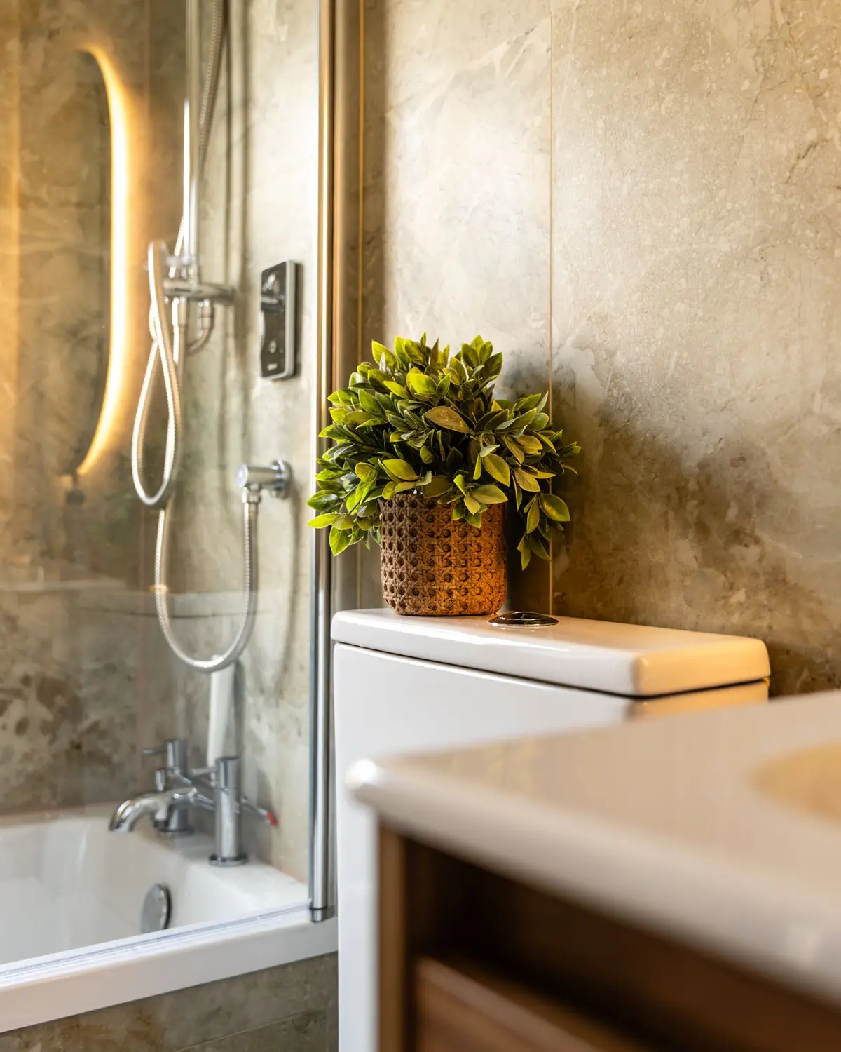 Shower over the bath with brass fittings