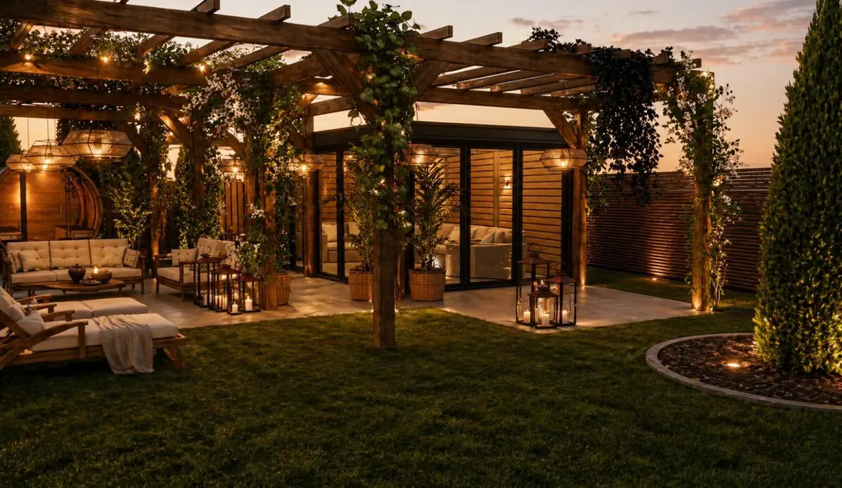 Pergola garden with lounge and lighting, concept design