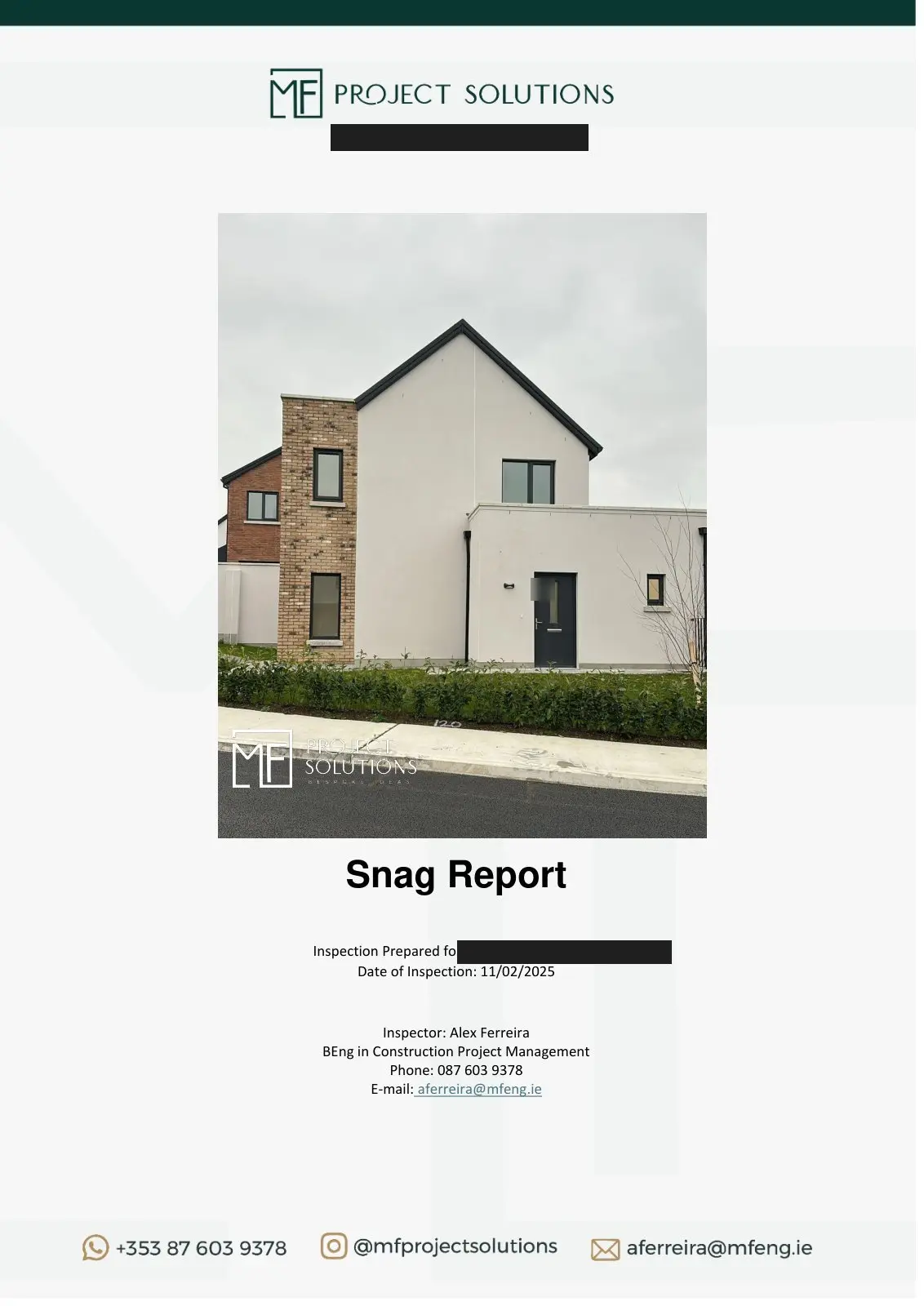 Snag report, page 1 (client details removed)