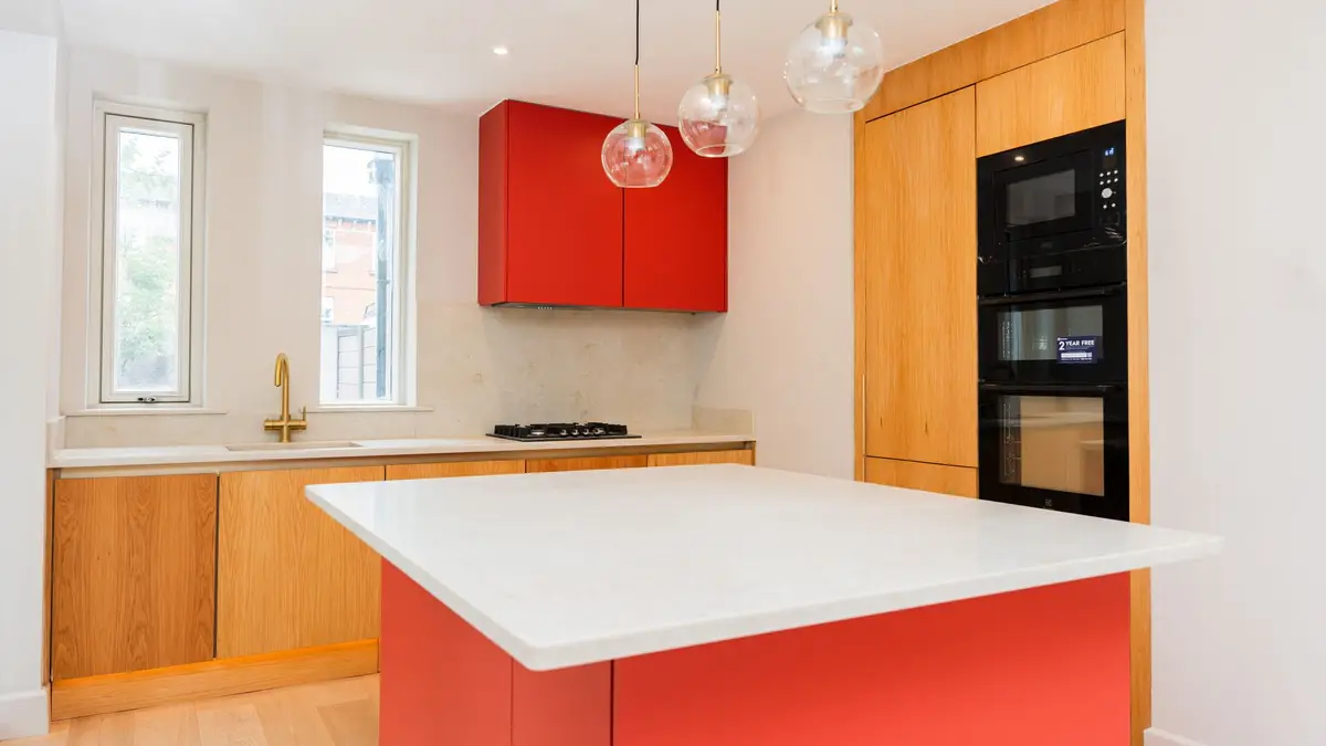 Oak and red kitchen with island, Phibsborough