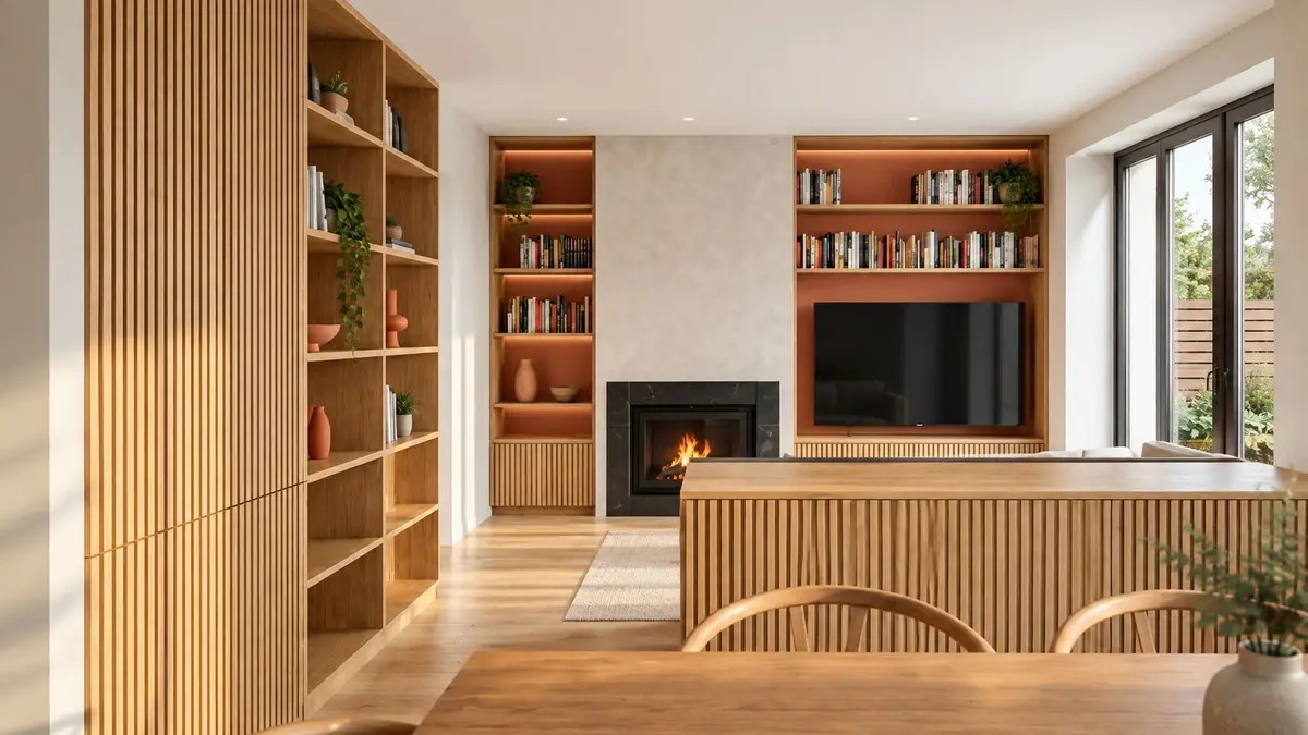 Living room visualisation with oak shelving and fireplace, Phibsborough