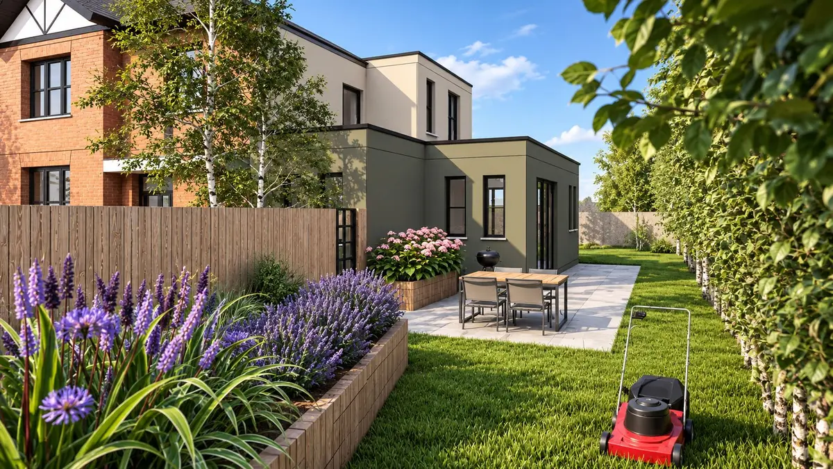 Rear garden and dark rendered single storey extension