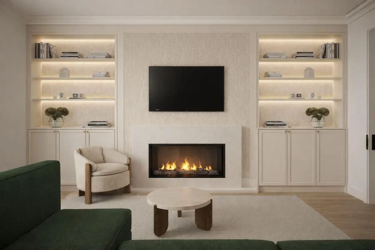 Media wall with fireplace and lit shelving