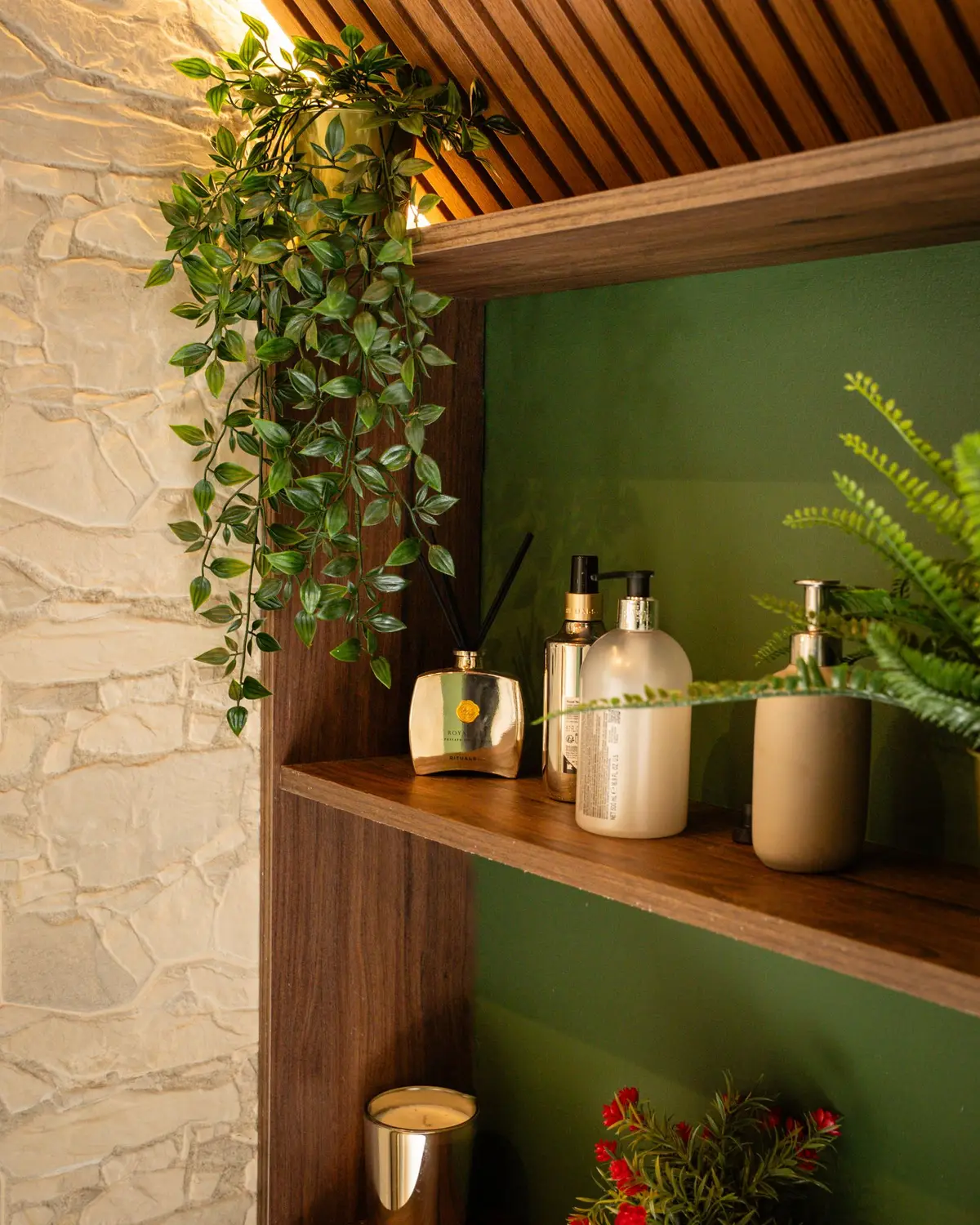 Timber shelving niche with planting